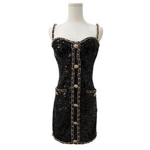 Fashion Nova Luxe Black Sequin Dress with Gold Chain Accents | XL